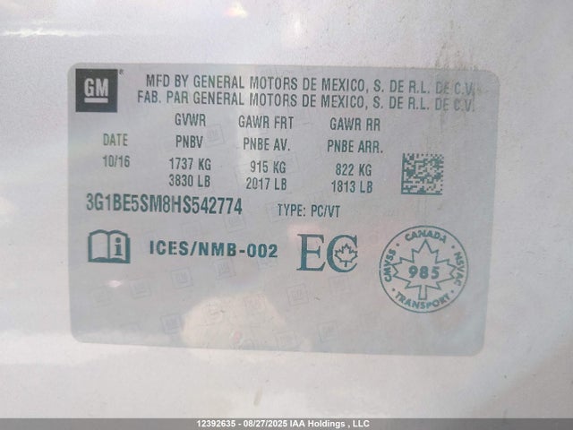 3G1BE5SM8HS542774 Chevrolet le2 -di: direct injection, vvt: variable valve timing, gen, alum