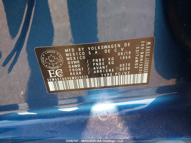 3VWG57AU4KM029525 Volkswagen 2019