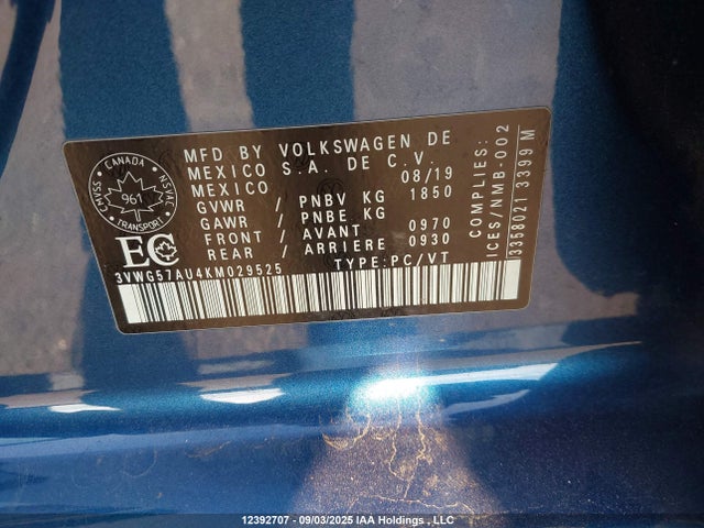 3VWG57AU4KM029525 Volkswagen 2019