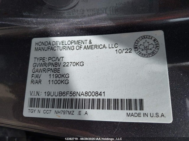 19UUB6F56NA800841 Acura k20c6