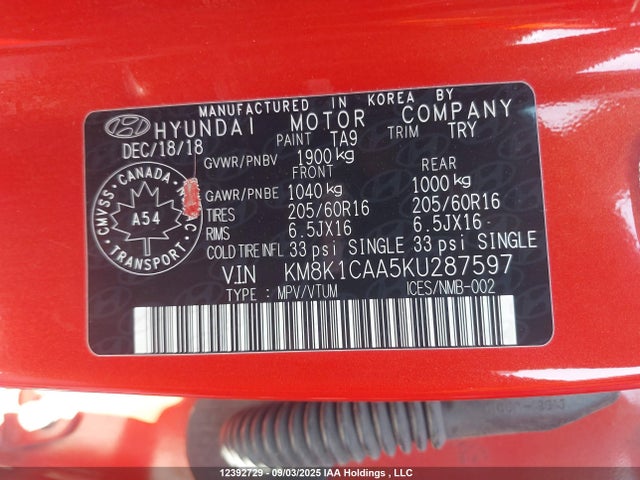 KM8K1CAA5KU287597 Hyundai mpi nu