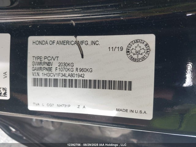 1HGCV1F34LA801942 Honda l15be