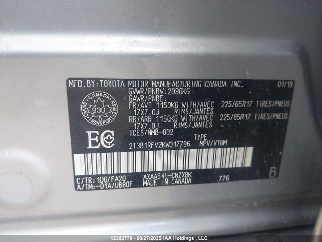 12392778 :رقم المزاد ، 2T3B1RFV2KW017796 vin ، 2019 Toyota Rav4 Le مزاد بيع