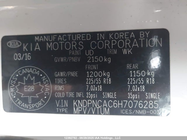 KNDPNCAC6H7076285 KIA gdi theta ii