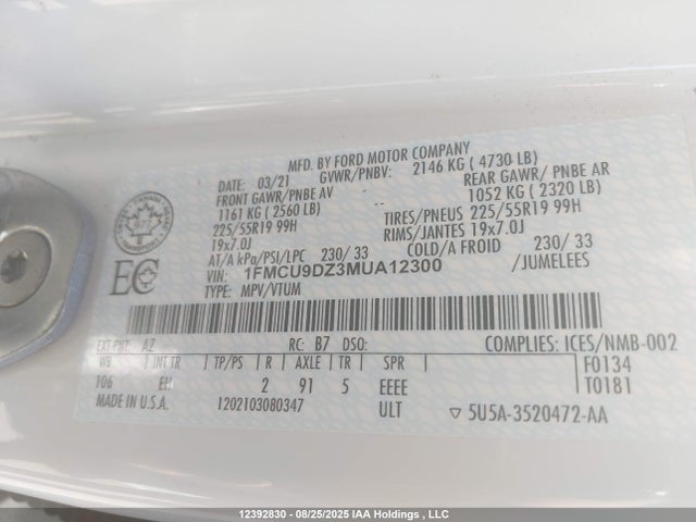 1FMCU9DZ3MUA12300 Ford hev/phev