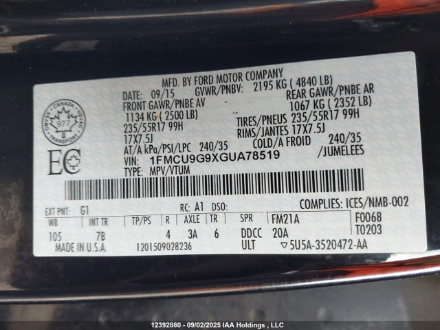 1FMCU9G9XGUA78519 Ford 2016
