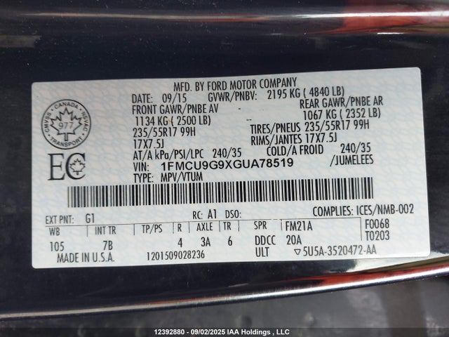 1FMCU9G9XGUA78519 Ford 2016