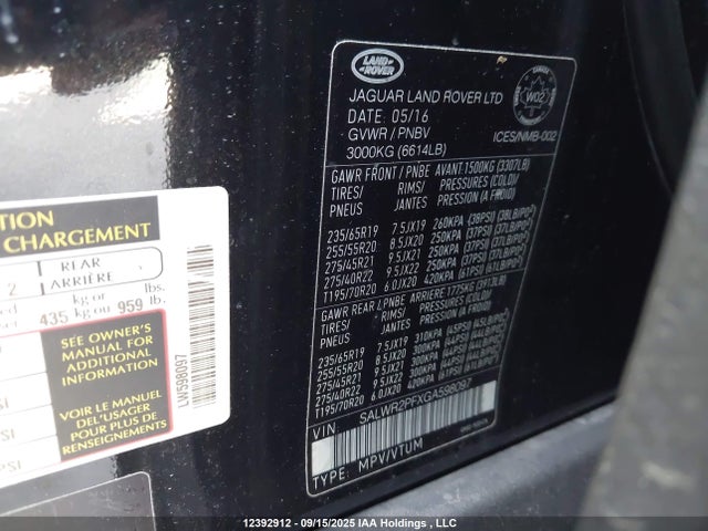 Land Rover s/c lev3 sulev30 2016 SALWR2PFXGA598097 Image 9