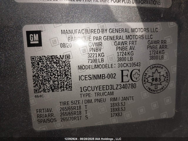 1GCUYEED3LZ340780 Chevrolet l84 - di, dfm, alum, gen 5, var 2