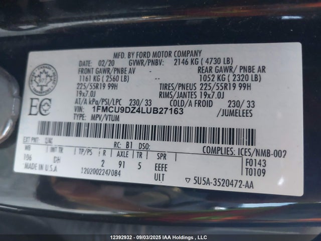 Ford 2020 2020 1FMCU9DZ4LUB27163 Image 8