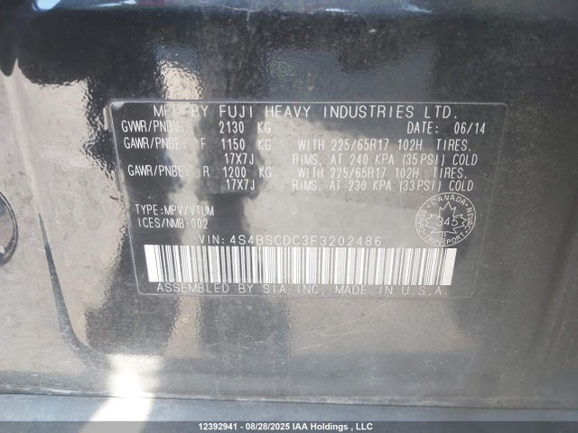 Subaru 2.5l c0 2015 4S4BSCDC3F3202486 Image 9