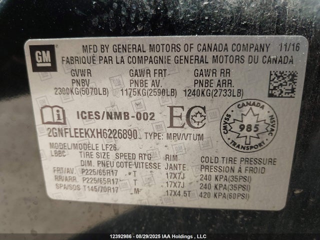 12392986 :رقم المزاد ، 2GNFLEEKXH6226890 vin ، 2017 Chevrolet Equinox Ls مزاد بيع