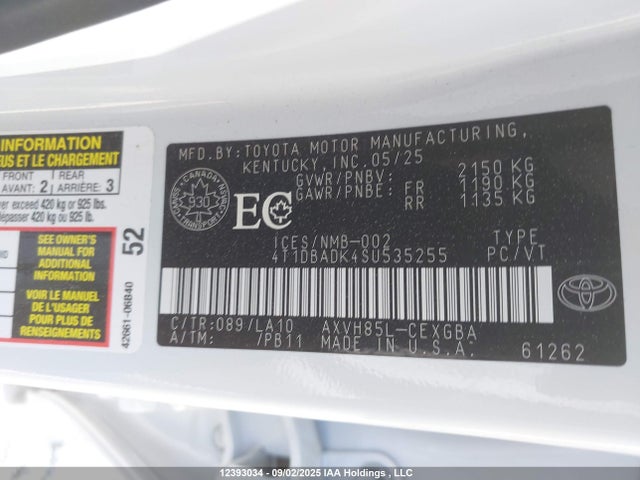4T1DBADK4SU535255 Toyota a25a-fxs