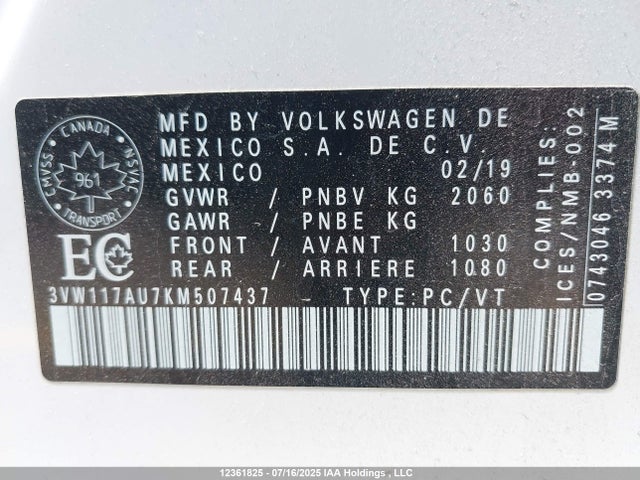 3VW117AU7KM507437 Volkswagen GOLF SPORTWAGEN