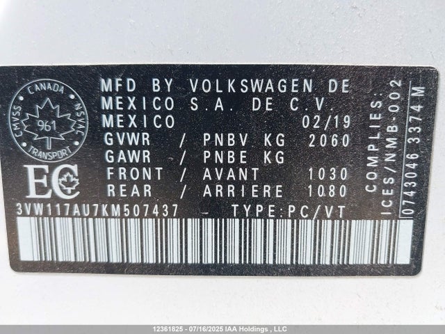 3VW117AU7KM507437 Volkswagen GOLF SPORTWAGEN