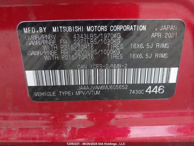 JA4AJVAW6MU605652 Mitsubishi mivec