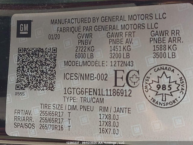 1GTG6FEN1L1186912 GMC lgz - direct injection, variable valve timing, alum, var2, gen 2