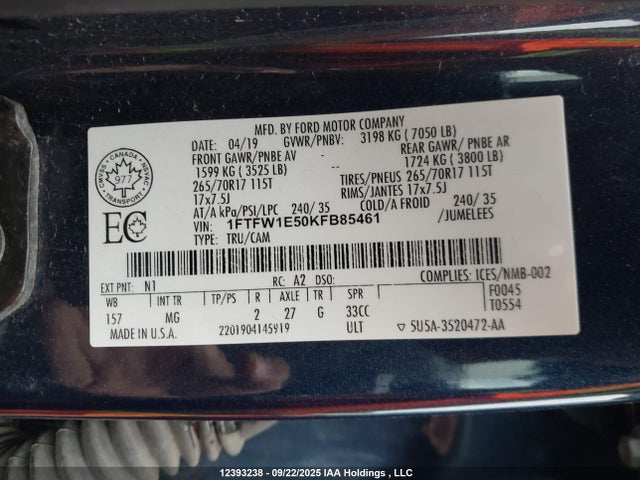 Ford 5.0l 4v 2019 1FTFW1E50KFB85461 Image 19