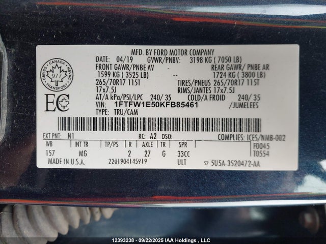 Ford 5.0l 4v 2019 1FTFW1E50KFB85461 Image 9