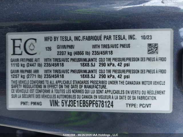 5YJ3E1EB5PF678124 Tesla MODEL 3