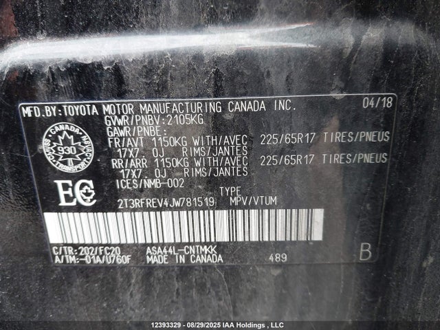 2T3RFREV4JW781519 Toyota 2ar-fe