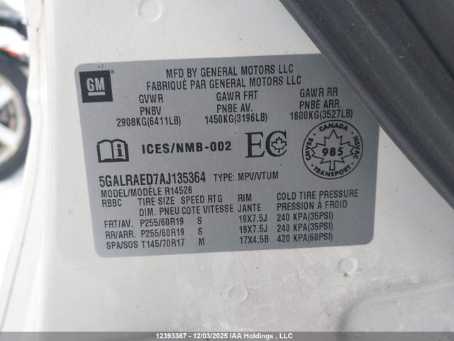12393367 :رقم المزاد ، 5GALRAED7AJ135364 vin ، 2010 Buick Enclave مزاد بيع