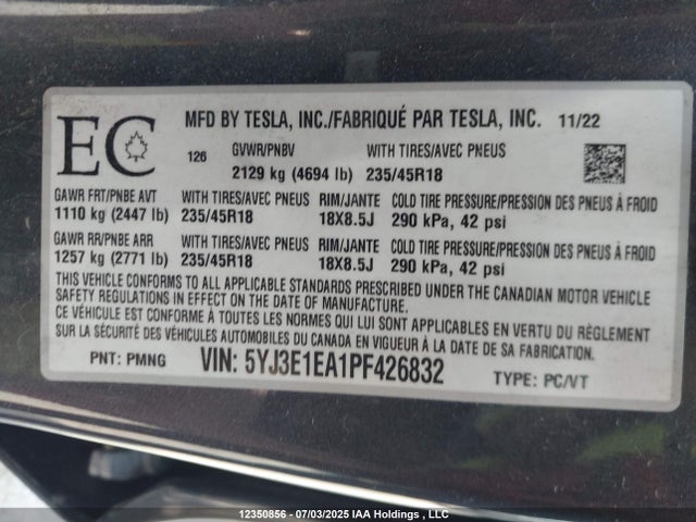 Tesla MODEL 3 2023 5YJ3E1EA1PF426832 Image 9
