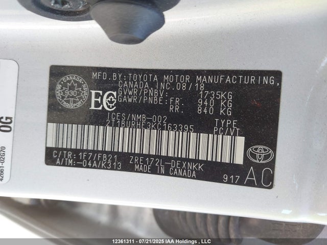 Toyota 2zr-fe 2019 2T1BURHE3KC163395 Image 9