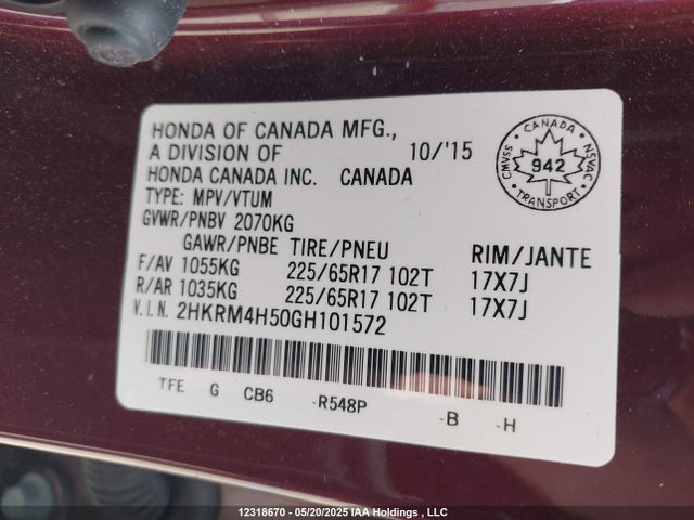 2HKRM4H50GH101572 Honda k24w9
