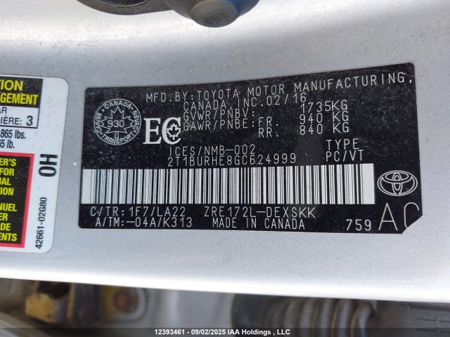 2T1BURHE8GC624999 Toyota 2zr-fe