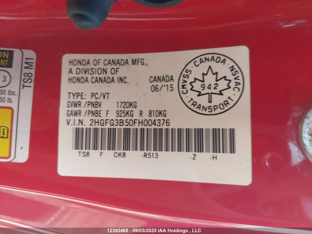 Honda r18z1 2015 2HGFG3B50FH004376 Image 9