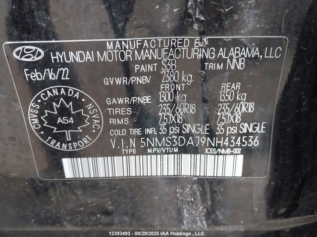 5NMS3DAJ9NH434536 Hyundai gdi theta iii
