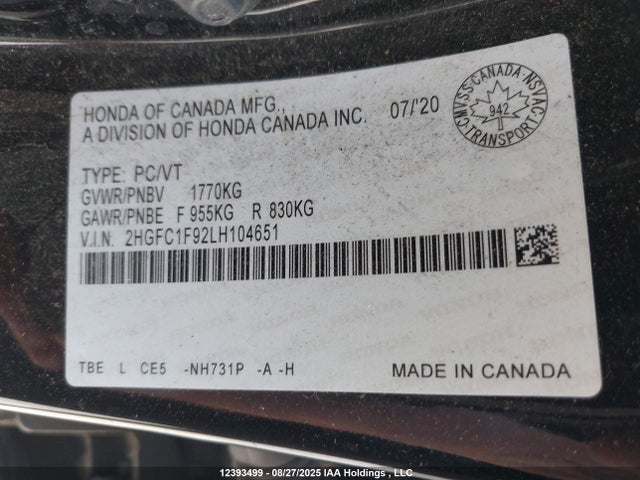 2HGFC1F92LH104651 Honda l15b7
