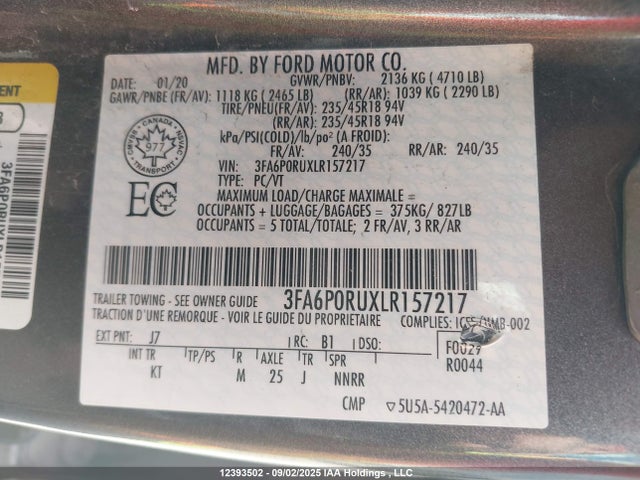 Ford 2.0l 4v atk hev 2020 3FA6P0RUXLR157217 Image 9