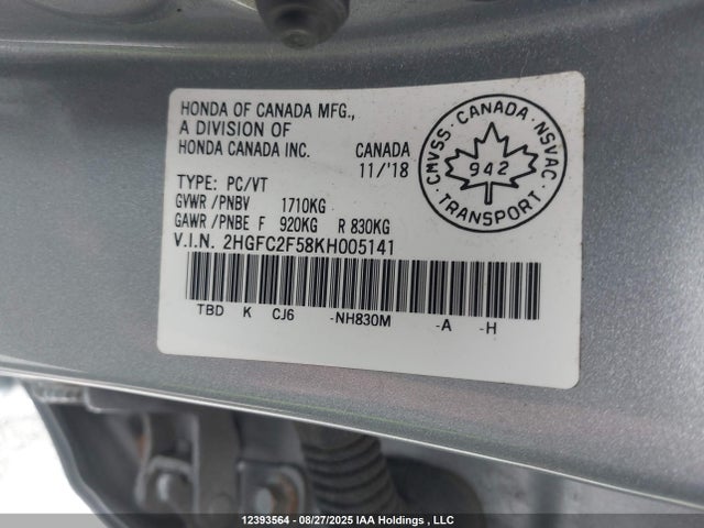 Honda k20c2 2019 2HGFC2F58KH005141 Image 9