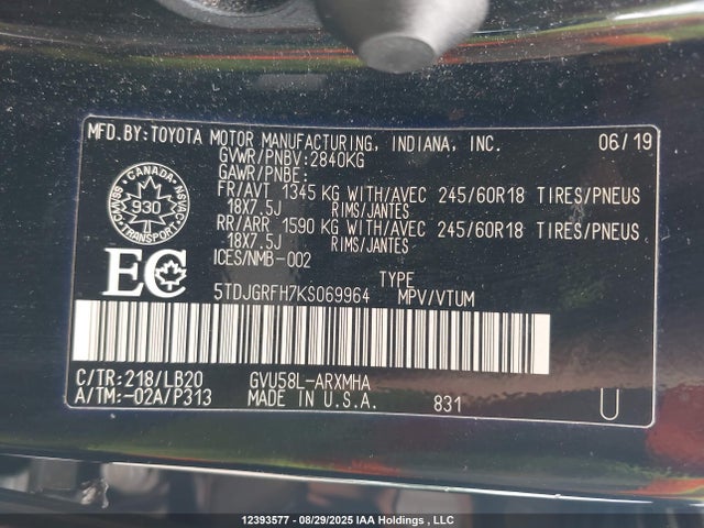 Aukcja sprzedaży 2019 Toyota Highlander Hybrid/xle, vin: 5TDJGRFH7KS069964, numer aukcji: 12393577