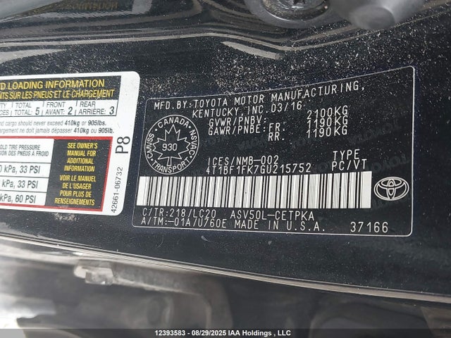 Toyota 2ar-fe 2016 4T1BF1FK7GU215752 Image 9