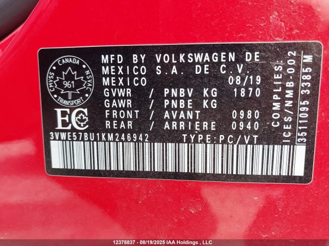 3VWE57BU1KM246942 Volkswagen 1.8 tsi