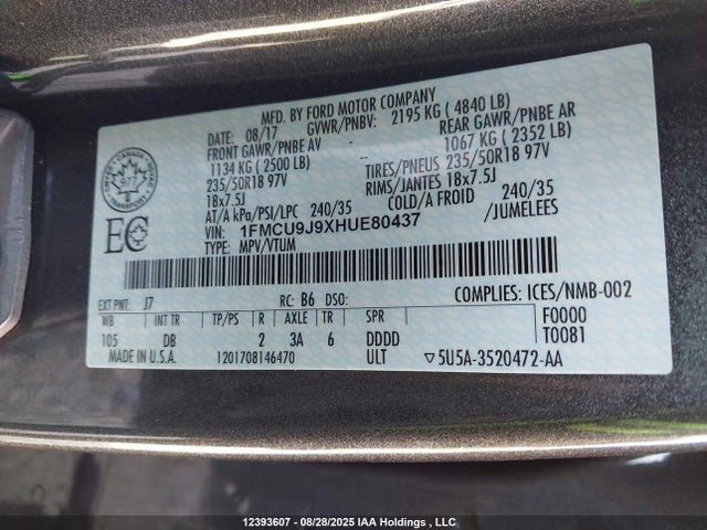 Ford Escape 2017 1FMCU9J9XHUE80437 Image 9