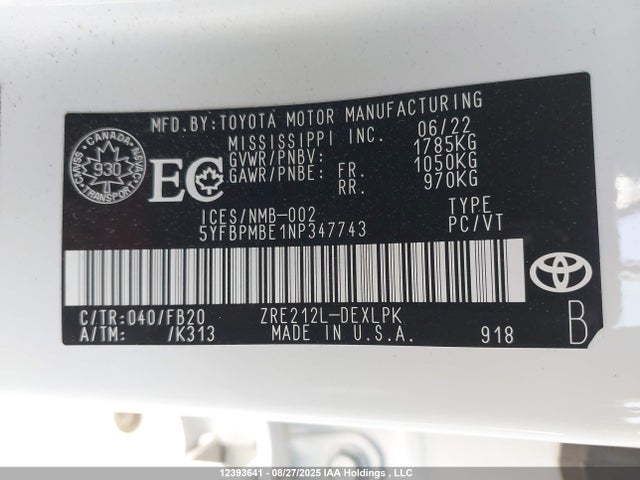 12393641 :رقم المزاد ، 5YFBPMBE1NP347743 vin ، 2022 Toyota Corolla Le/xle مزاد بيع