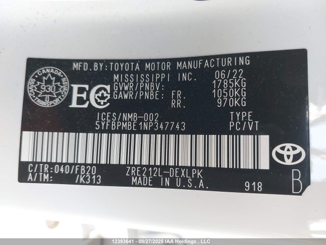 12393641 :رقم المزاد ، 5YFBPMBE1NP347743 vin ، 2022 Toyota Corolla Le/xle مزاد بيع