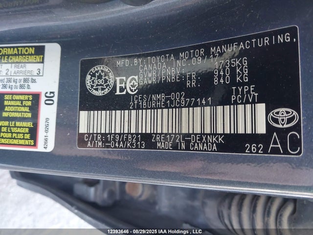 2T1BURHE1JC977141 Toyota 2zr-fe