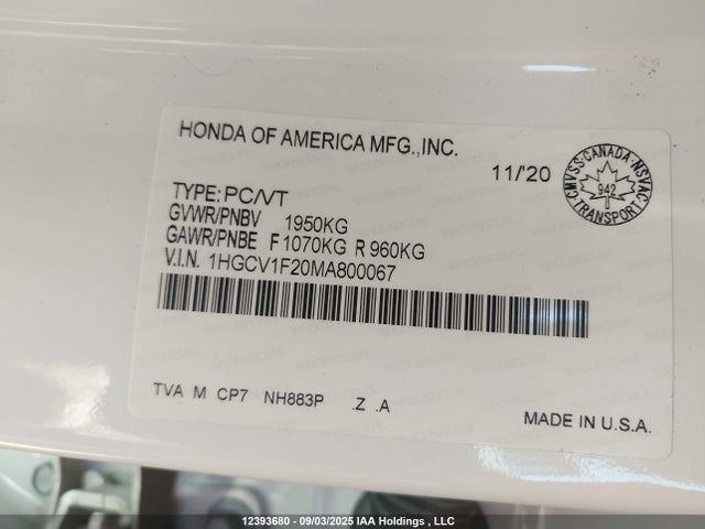 1HGCV1F20MA800067 Honda Accord
