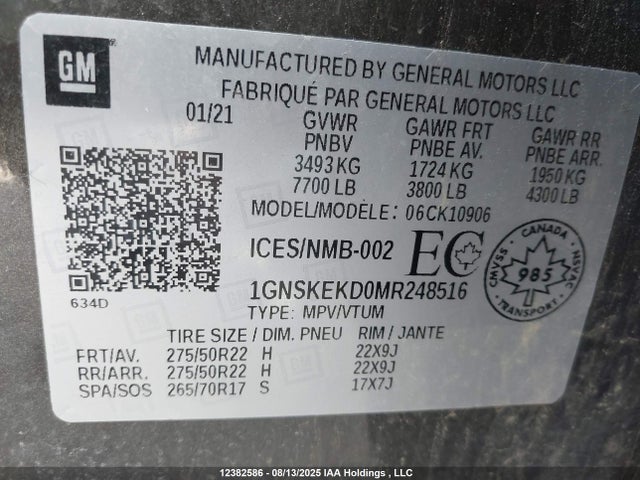 1GNSKEKD0MR248516 Chevrolet l84 - di, alum, gen 5, var 2