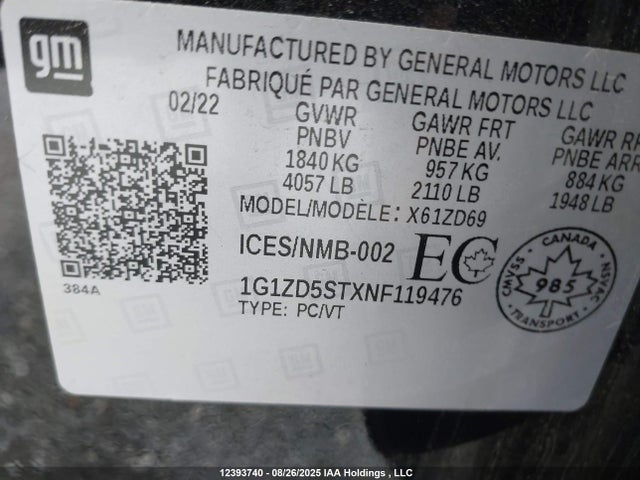 1G1ZD5STXNF119476 Chevrolet lfv - direct injection, variable valve timing, gen 1 gmna