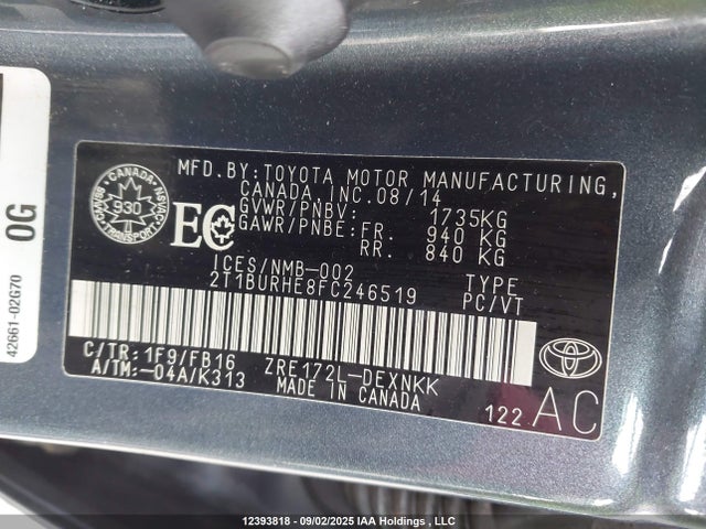 Toyota 2zr-fe 2015 2T1BURHE8FC246519 Image 9