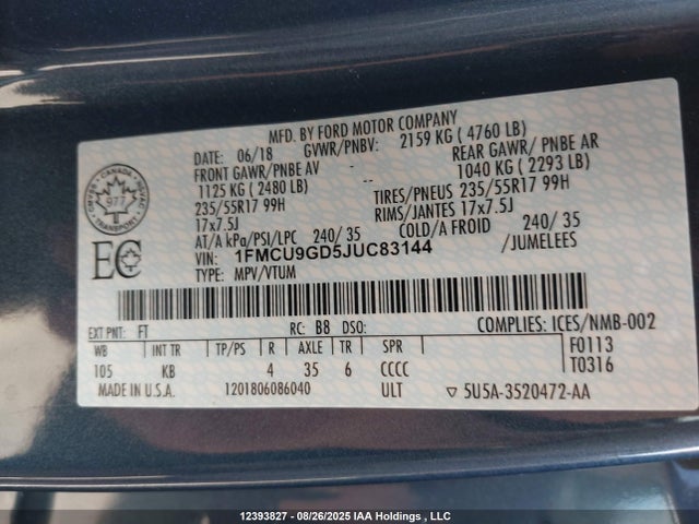 1FMCU9GD5JUC83144 Ford 1.5l gtdi sigma w/premium fuel