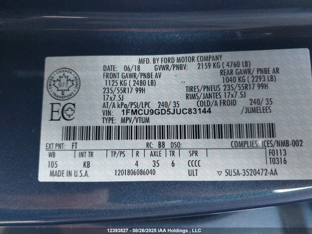 1FMCU9GD5JUC83144 Ford 1.5l gtdi sigma w/premium fuel