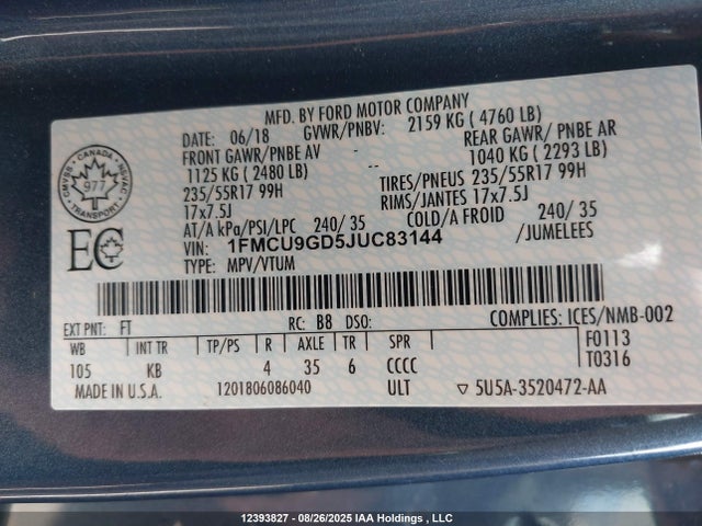 1FMCU9GD5JUC83144 Ford 1.5l gtdi sigma w/premium fuel