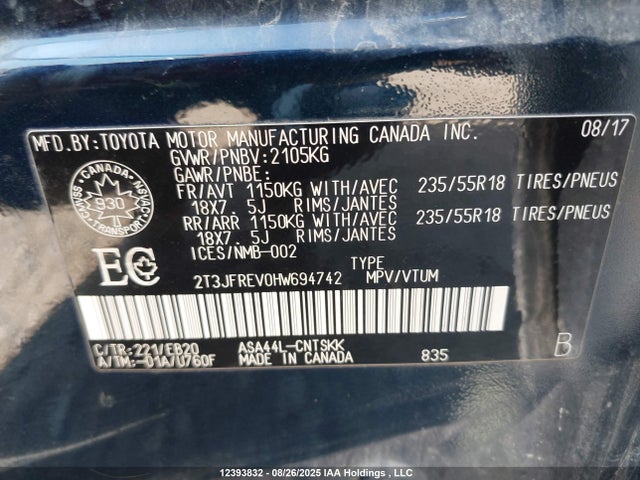 2T3JFREV0HW694742 Toyota 2ar-fe